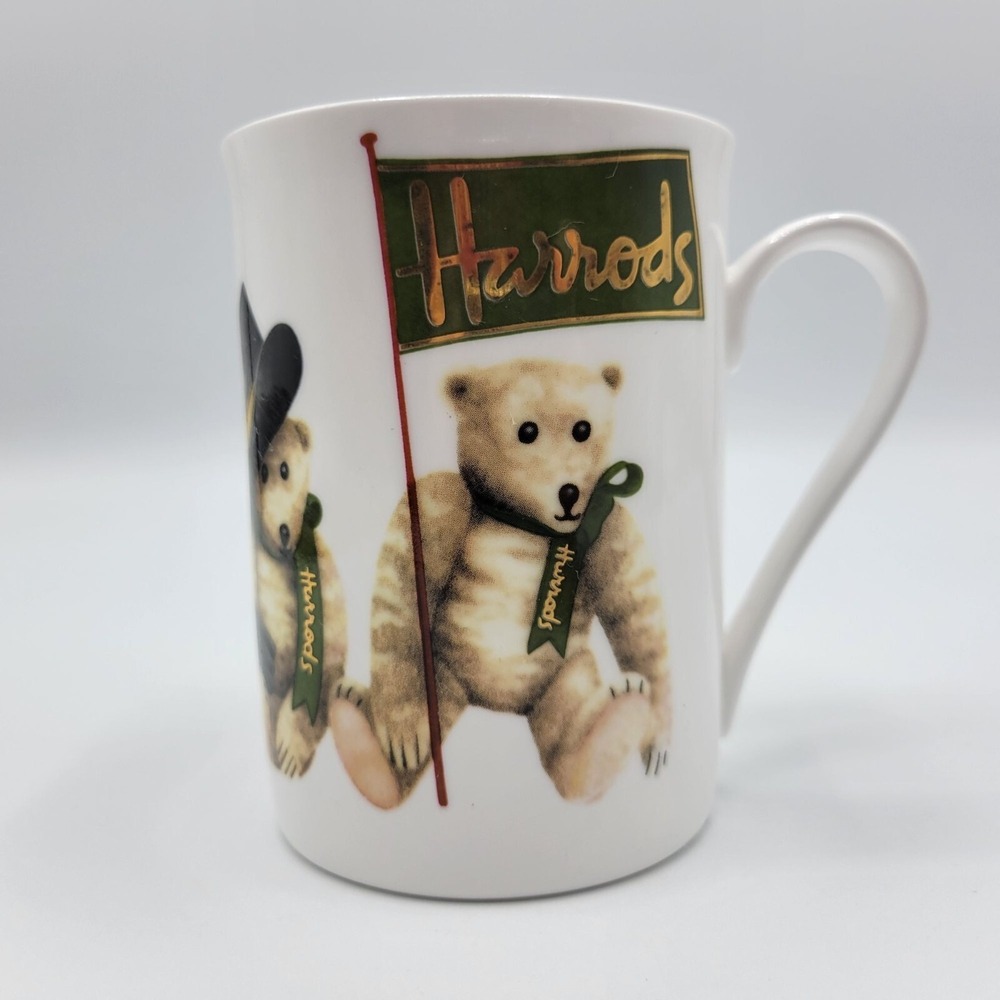 Harrods Edwardian Teddy Bear Mug Knightsbridge Fine Bone China Green Gold 4.25"